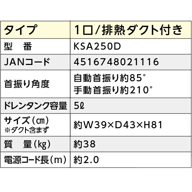 広電 スポット クーラー KSA250D 首振り機能 排熱ダクト付 | 資材プラス【公式】通販サイト