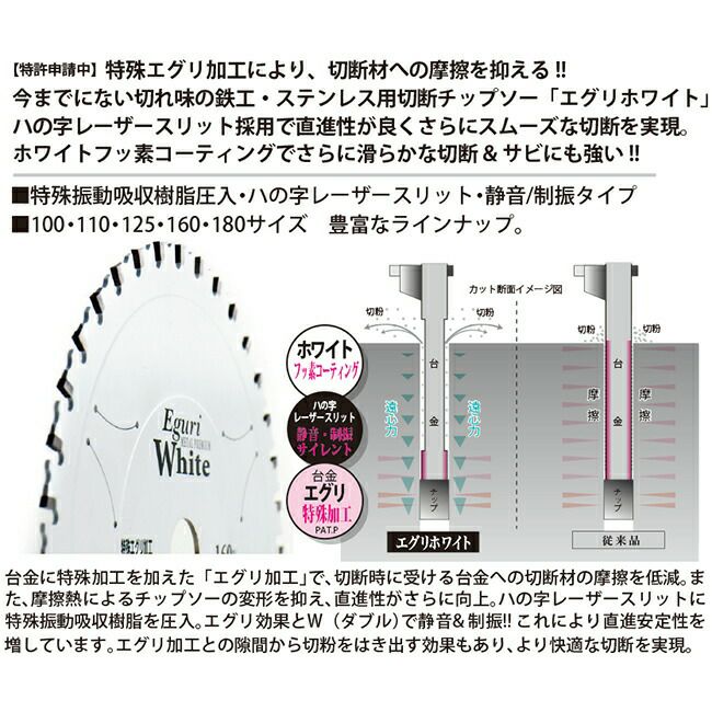山真YAMASHINヤマシン鉄・ステンレス兼用チップソーエグリホワイト180×40PTT-EGW-180