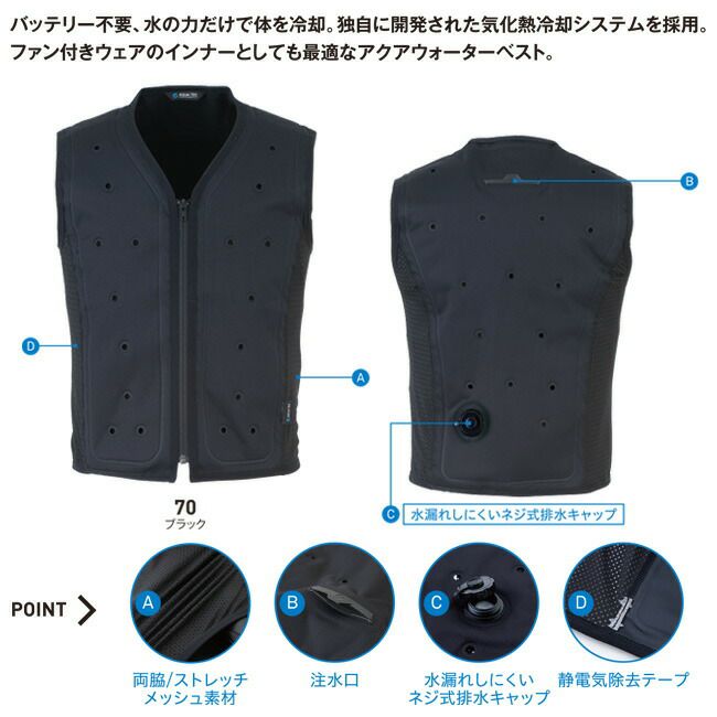 ビッグボーン AQUA TEC アクアテック AT301 アクアウォーターベスト bigborn バッテリー不要 AQUA WATER VEST アクア  ウォーター ベスト 水だけ 冷却 夏 涼しい ひんやり 熱中症 猛暑 対策 冷感 冷たい 爽快 清涼 熱中症 対策 黒 2024 2024年