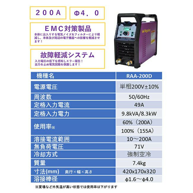 レグルスインバーター直流溶接機RAA-200D【法人様限定】【代金引換不可】【北海道・沖縄・離島不可】
