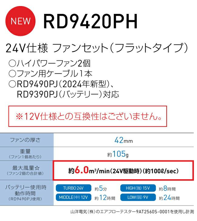空調風神服sun-sサンエス空調ウェア24V仕様ファンセットフラットタイプRD9420PH