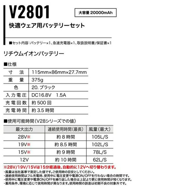 村上被服HOOH鳳凰快適ウェア【V2801】28V対応バッテリーセット