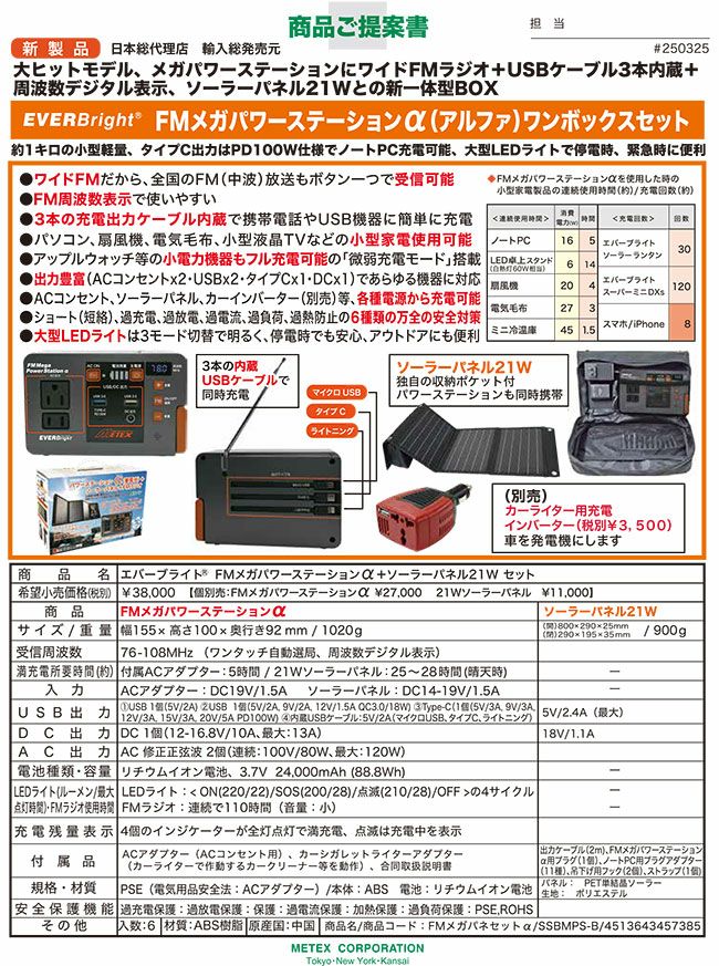 メテックスMETEX【SSBMPS-B】EVERBrightFMメガパワーステーションα＋21Wソーラーパネルワンボックスセット