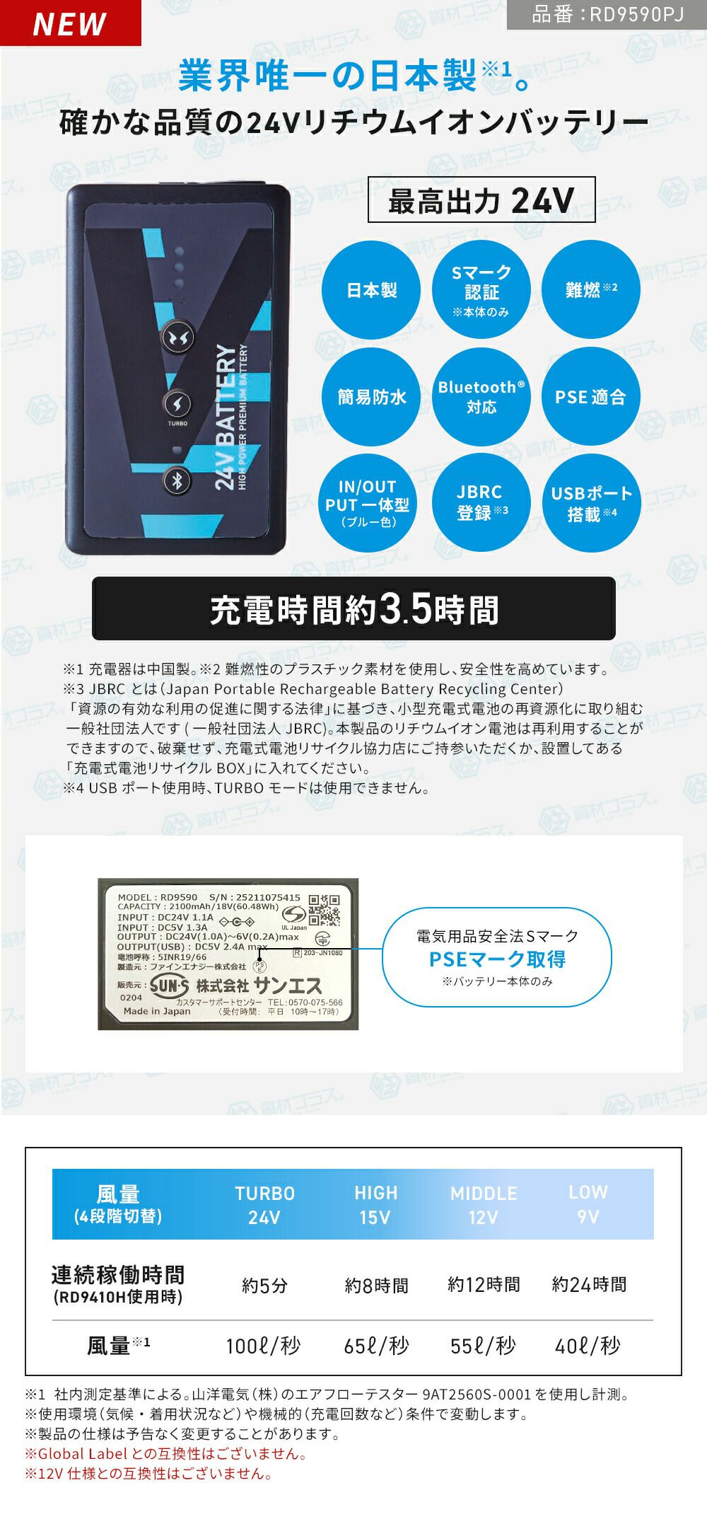 [サンエス]空調風神服sun-sサンエス空調ウェア24V仕様JAPANLABELバッテリー＆ファンデバイスセットRD9590PJ＋RD9410PH